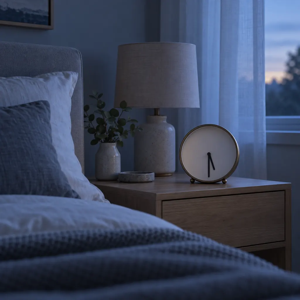 A quiet bedroom before dawn with a numeral-free analog clock on a bedside table.