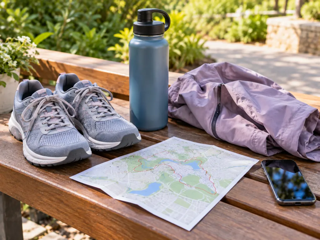 Walking shoes and simple preparation items arranged on a bench before a walk