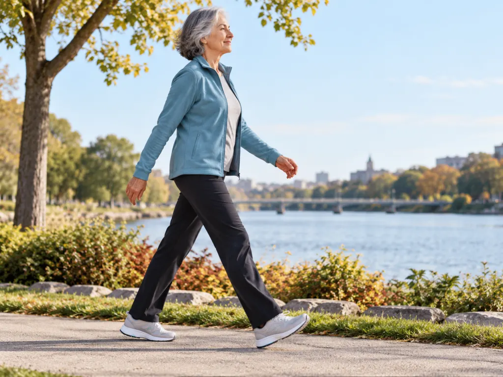Illustration of relaxed upright walking posture on a level path