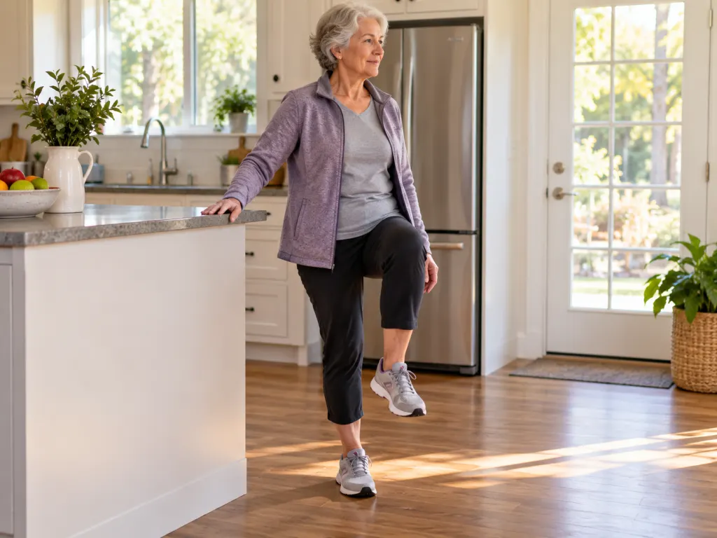 Older adult practicing a safe balance exercise near a sturdy counter