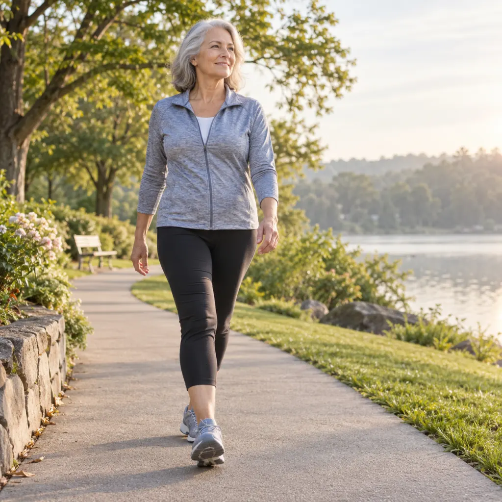 Adult over 50 walking with relaxed posture on a smooth park path