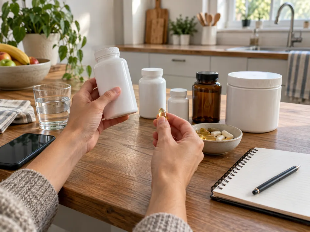 A person reviews supplement bottles with a notebook on a kitchen table.