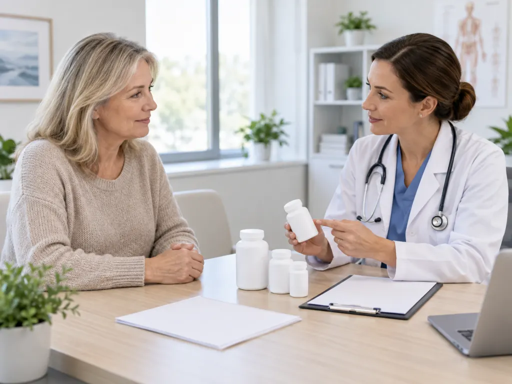 A health professional and patient review supplement bottles during a consultation.