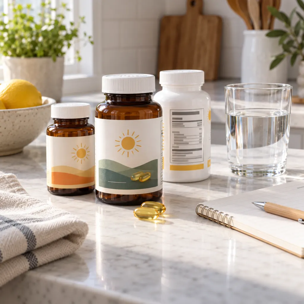 Vitamin D supplement bottles, water, and a notepad arranged on a kitchen counter.
