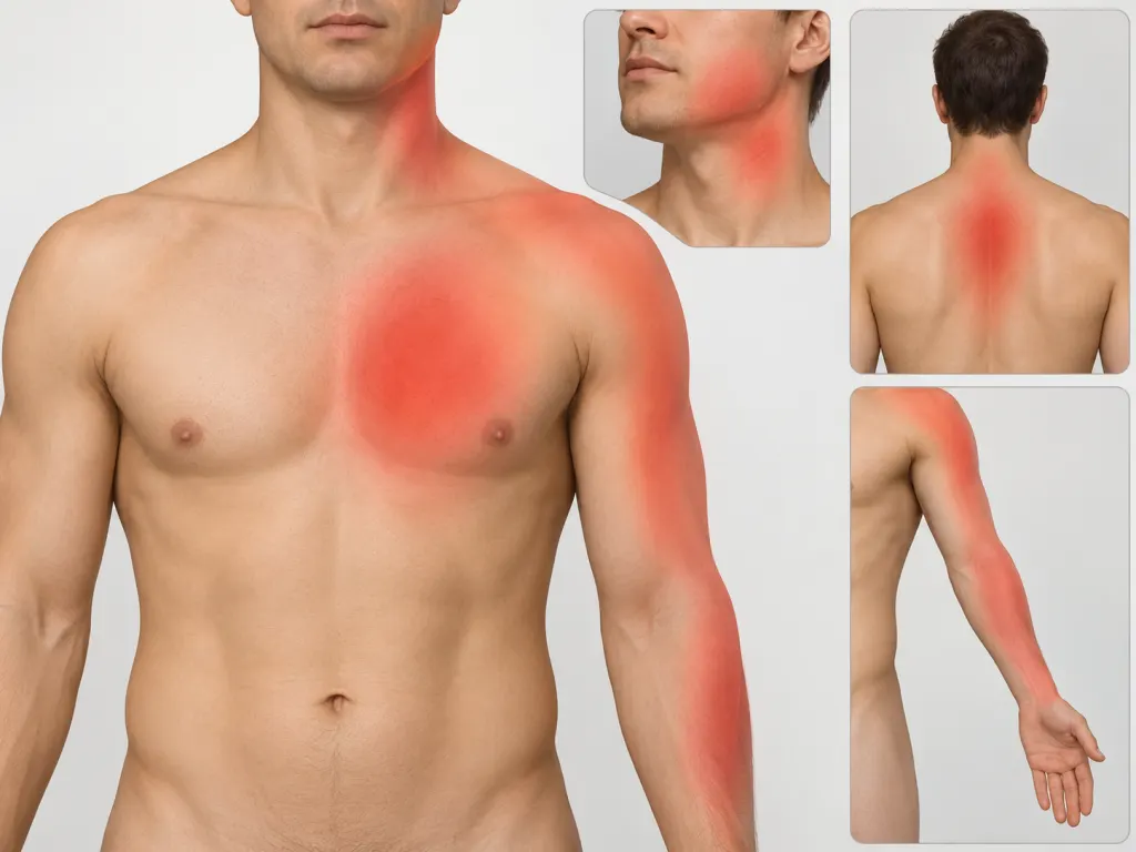Illustration showing chest and upper-body areas where heart-related discomfort may be felt.