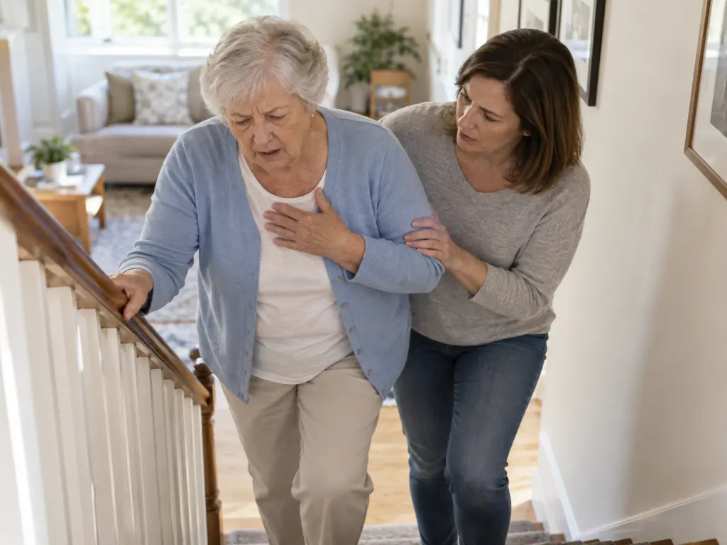 An adult pauses on stairs while another person stands nearby, suggesting breathlessness with activity.