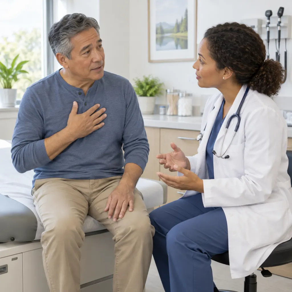 A calm clinician speaks with an adult patient about chest discomfort in an exam room.