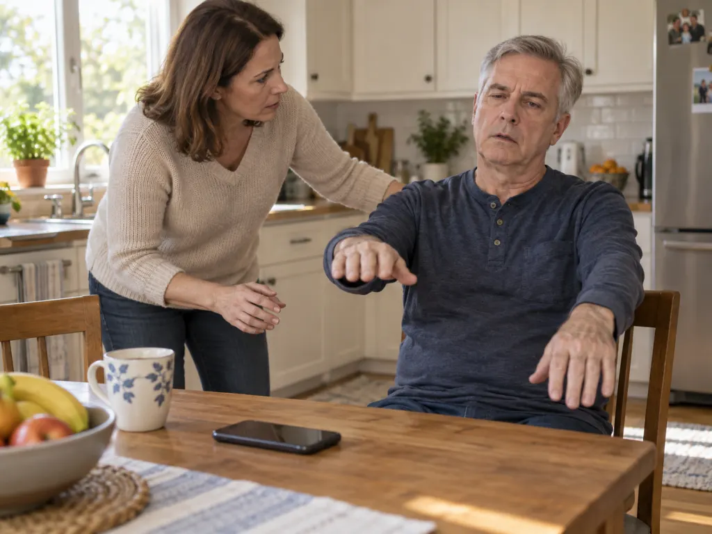A family member notices sudden arm weakness at a kitchen table.