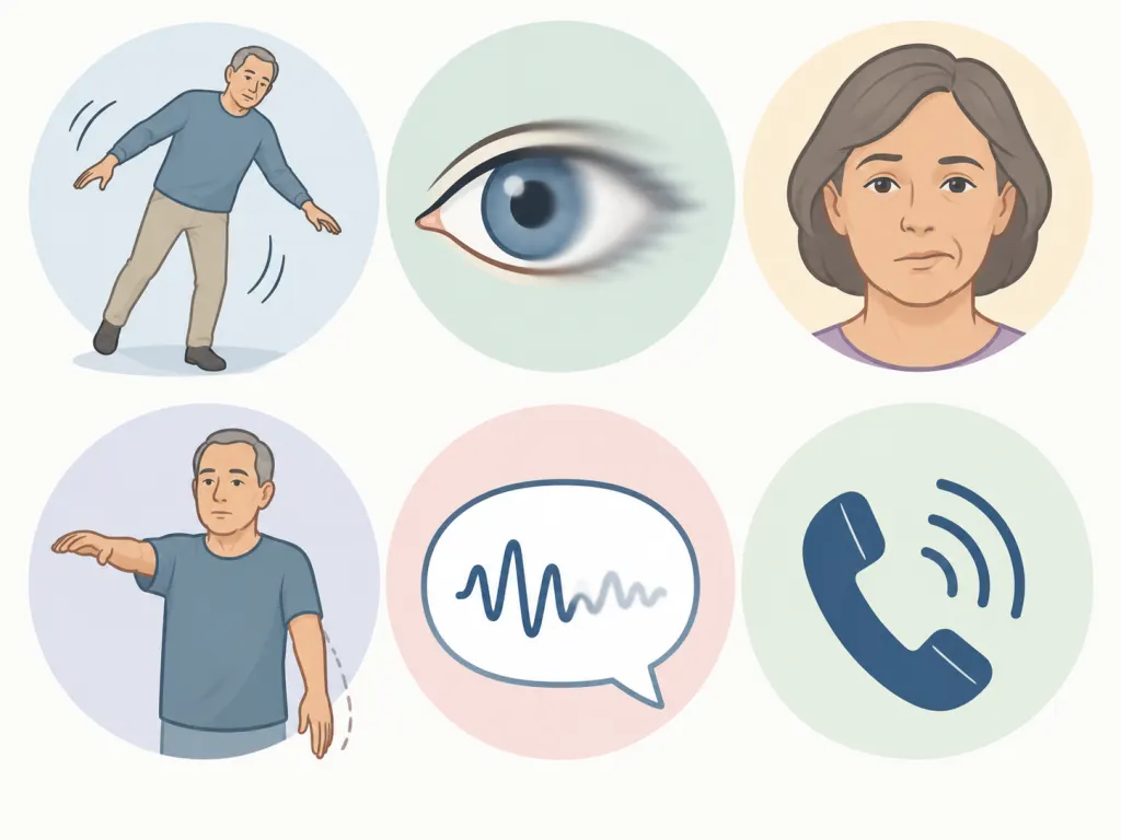 Wordless visual symbols representing common stroke warning signs.