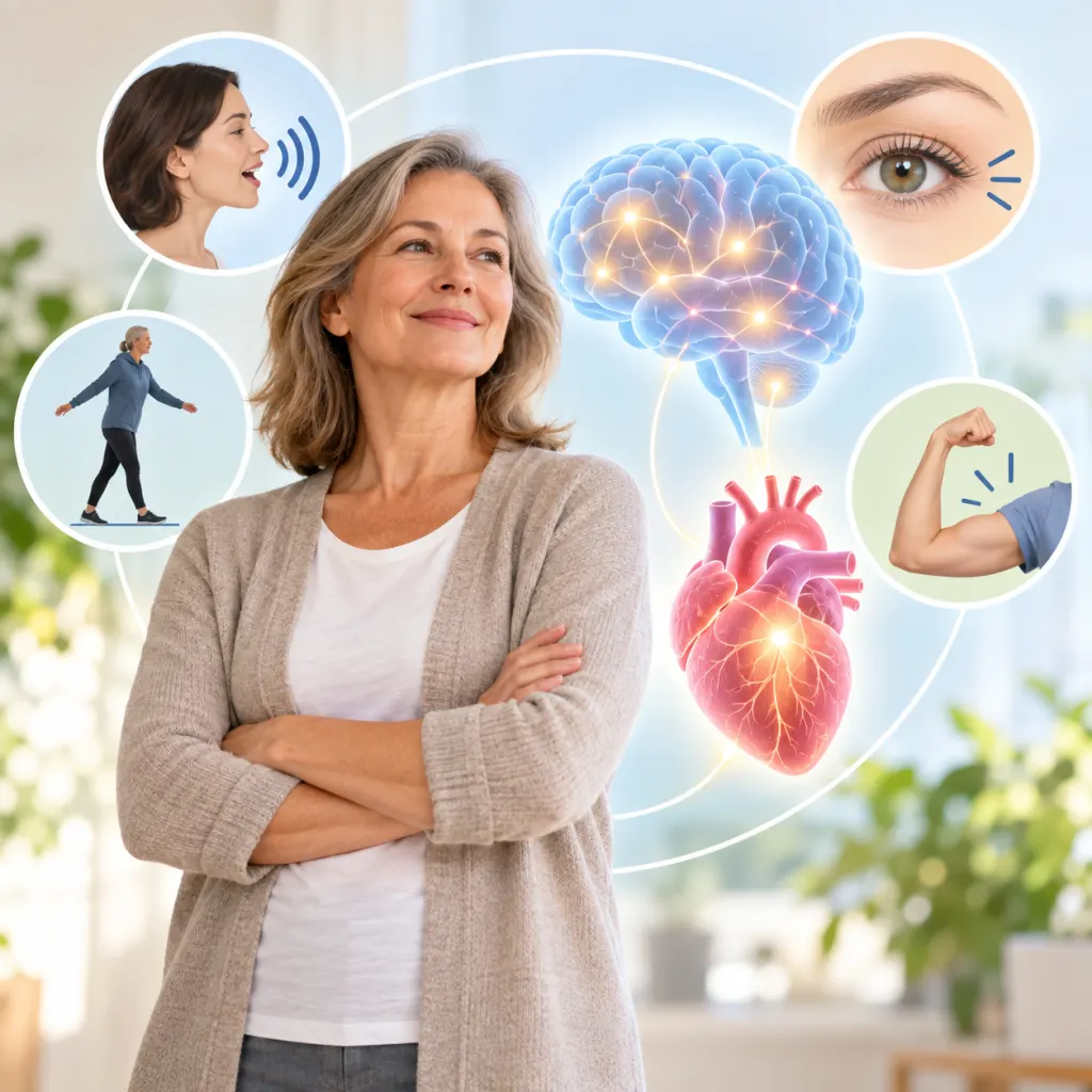 Calm educational illustration showing stroke warning sign themes around an adult.