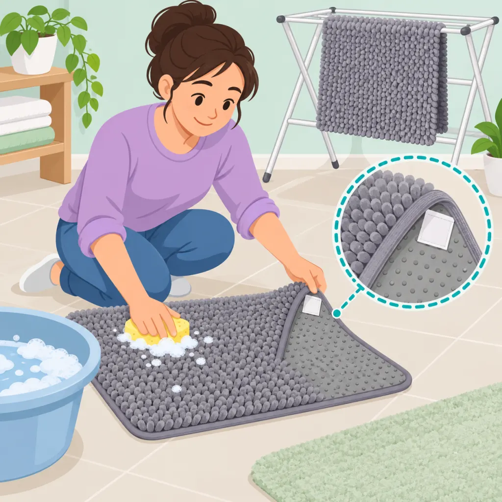 Illustration of a person checking and washing a bath mat safely.