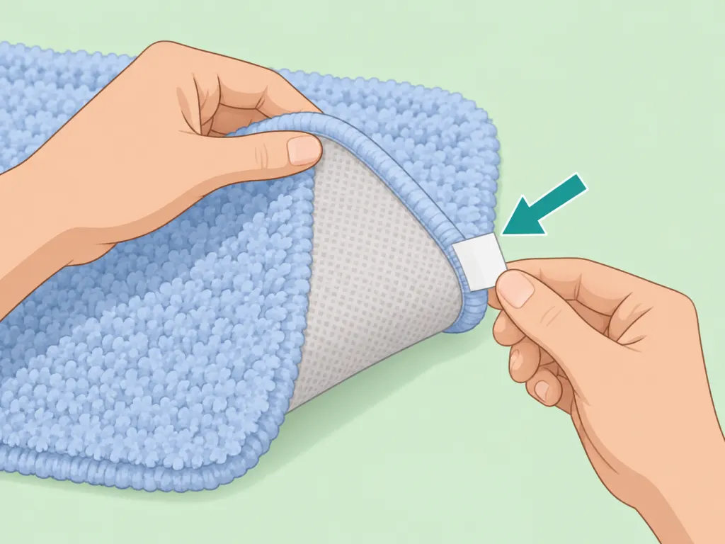 Hands checking the care label on a bath mat.