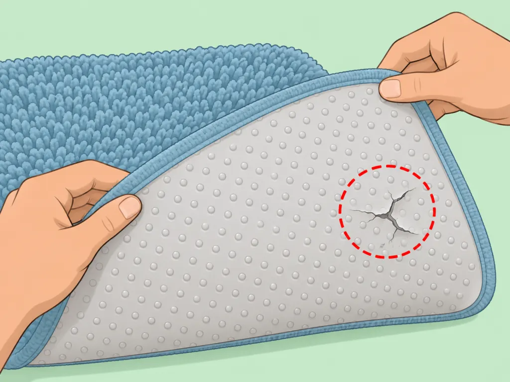 A bath mat turned over while the backing and edges are inspected.