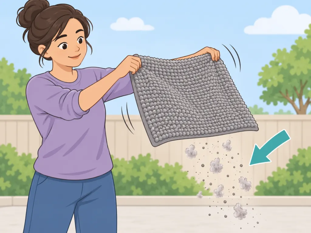 A person shaking loose debris from a bath mat.