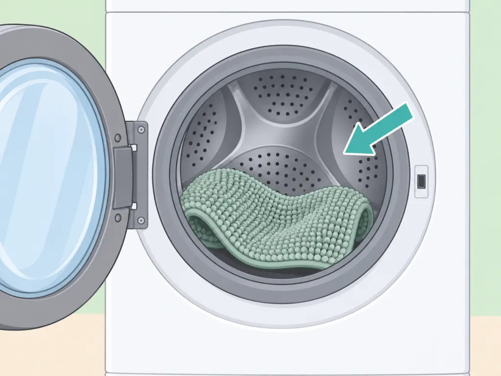 A washable bath mat placed loosely in a washing machine.