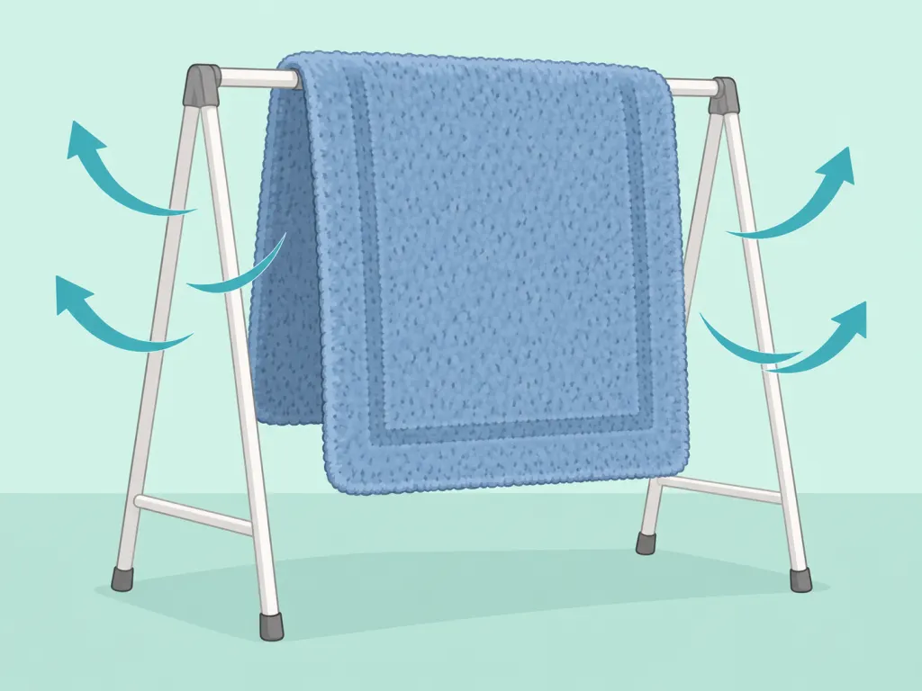 A bath mat drying fully on a rack.