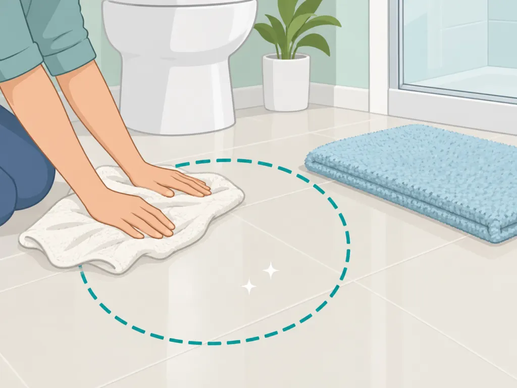 A bathroom floor being dried before the bath mat is replaced.