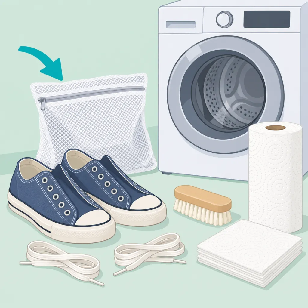 Illustration of fabric sneakers prepared for machine washing with a mesh bag and cleaning tools.