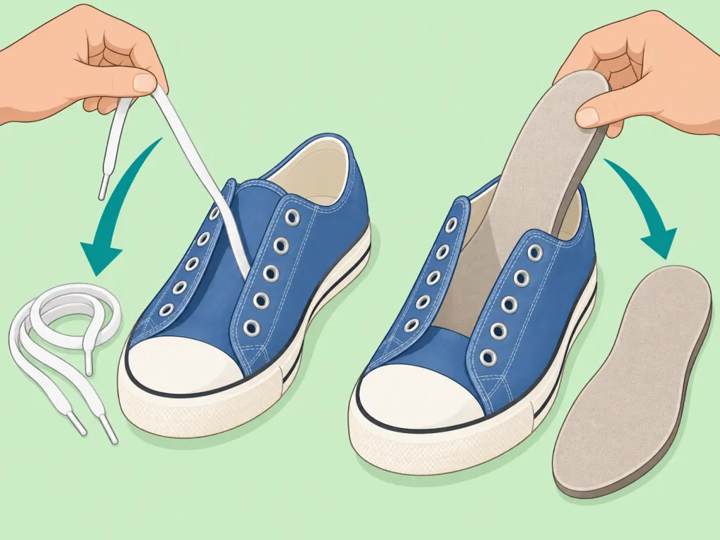 Hands removing laces and insoles from sneakers.