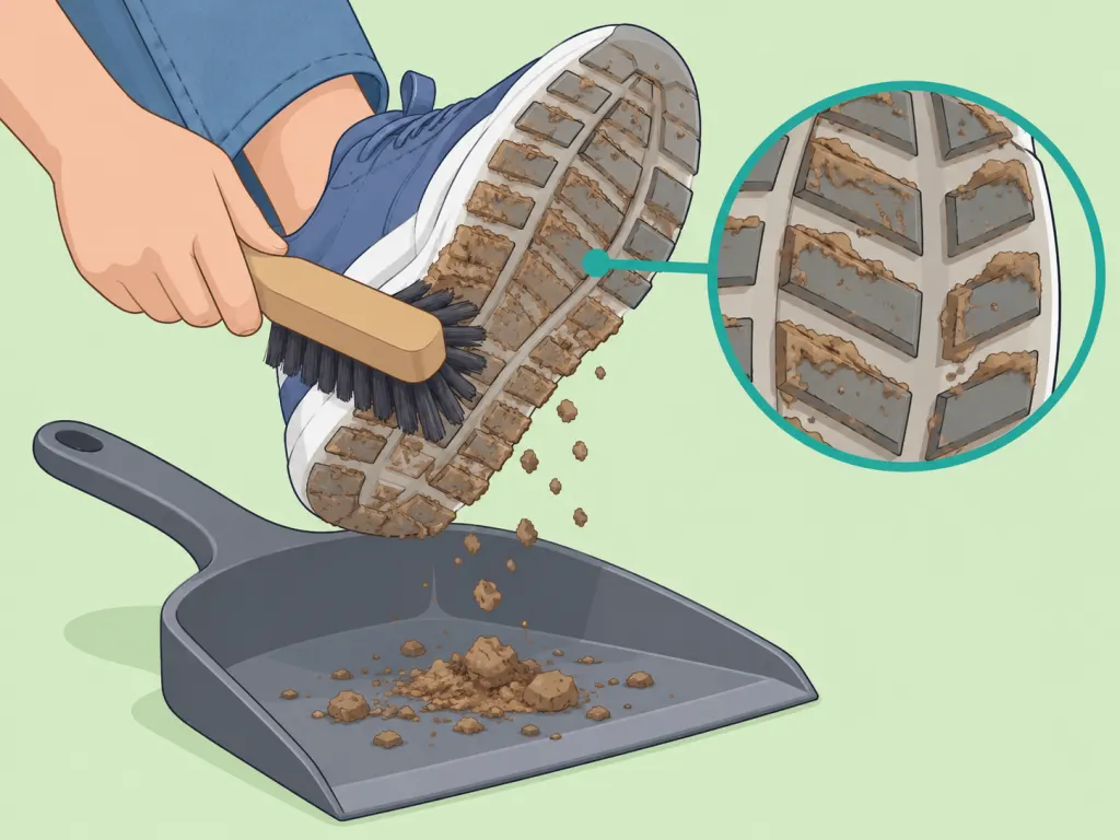 Person brushing mud and grit from sneaker treads.