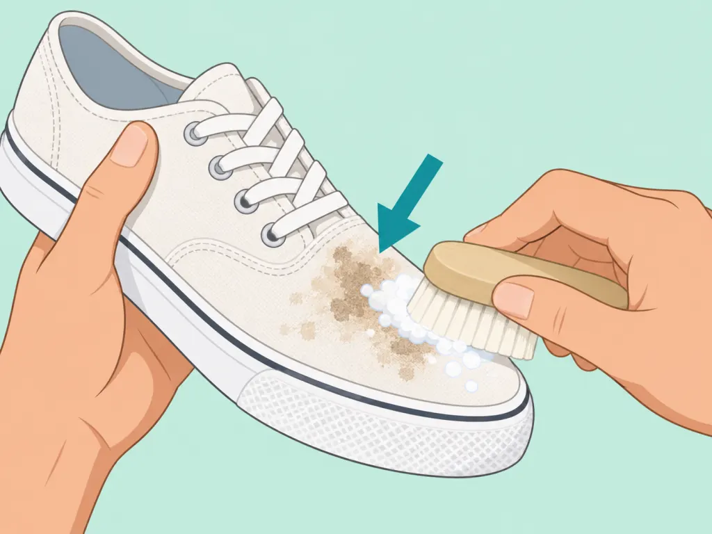 Hands pre-cleaning a stained sneaker with a soft brush.