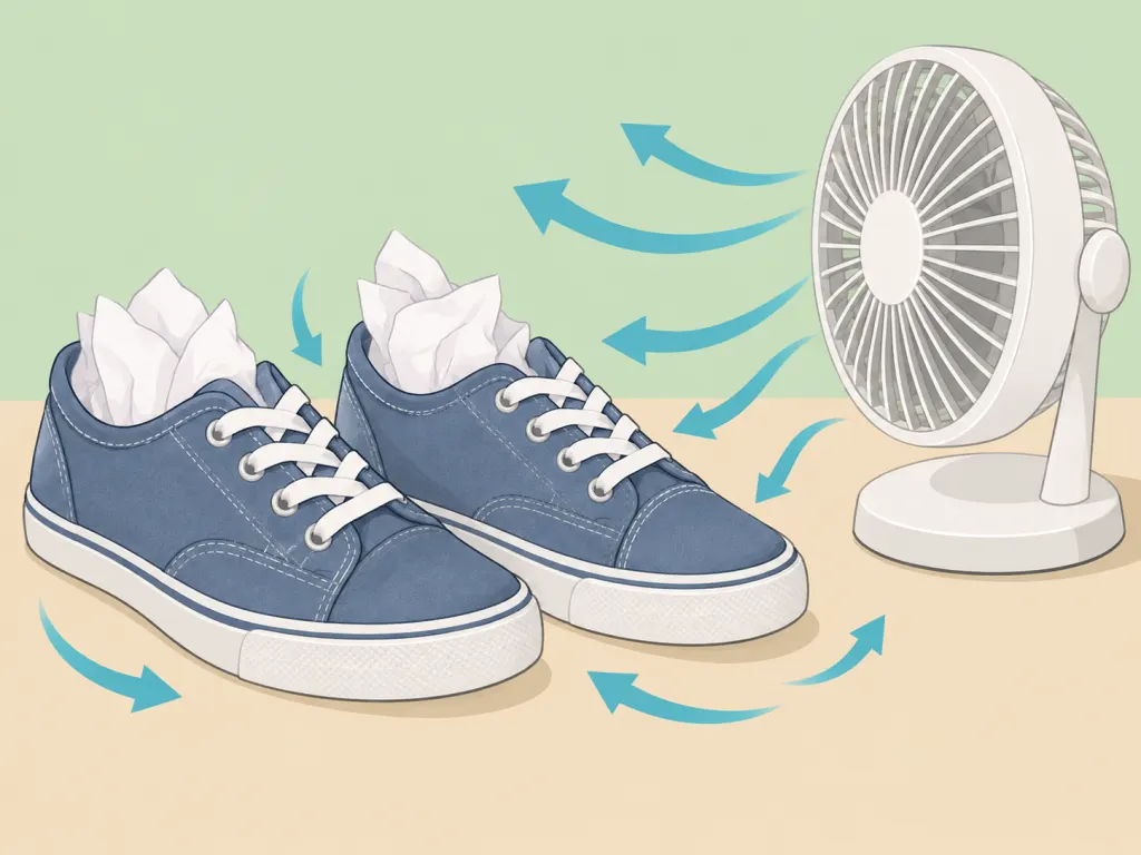 Washed sneakers air-drying with paper towels inside.