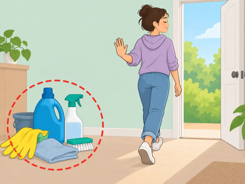 Person moving away from cleaning products toward fresh air.