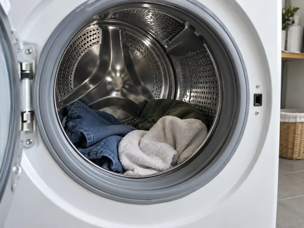 Small loose laundry load with a dry towel inside a washing machine drum.
