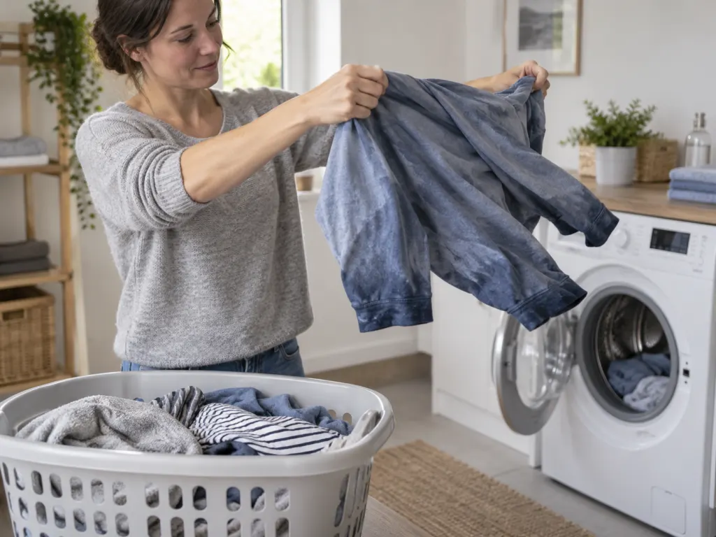 Person shaking open freshly spun laundry before hanging it to dry.