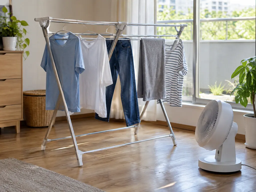 Laundry spaced out on an indoor drying rack with airflow around the clothes.