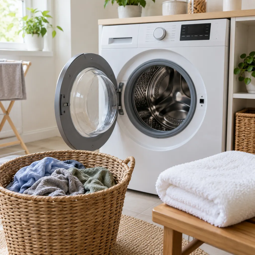 Open washing machine with a small laundry load and a dry towel ready for an extra spin cycle.