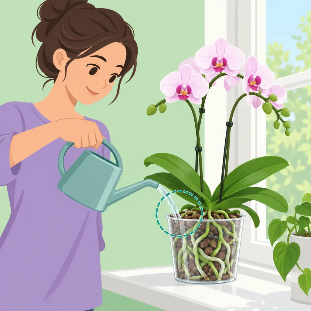A person carefully watering a lush, flowering moth orchid in a transparent pot on a windowsill.