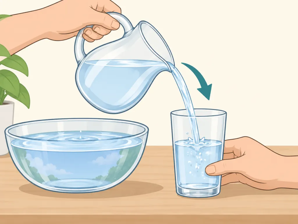 Hands pouring water into a glass next to a rainwater bowl, showing water preparation at room temperature.