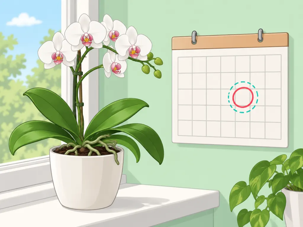 A weekly calendar with one day circled next to a healthy orchid, illustrating a regular watering schedule.