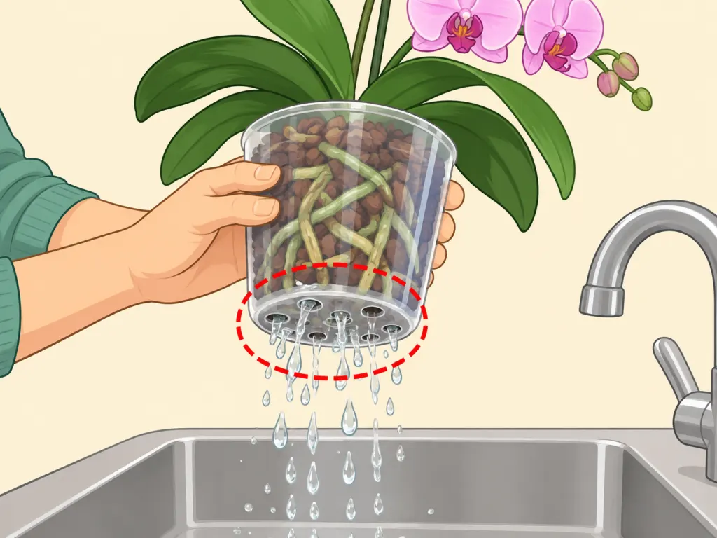 An orchid pot held over a sink draining completely, with water flowing out of the drainage holes.