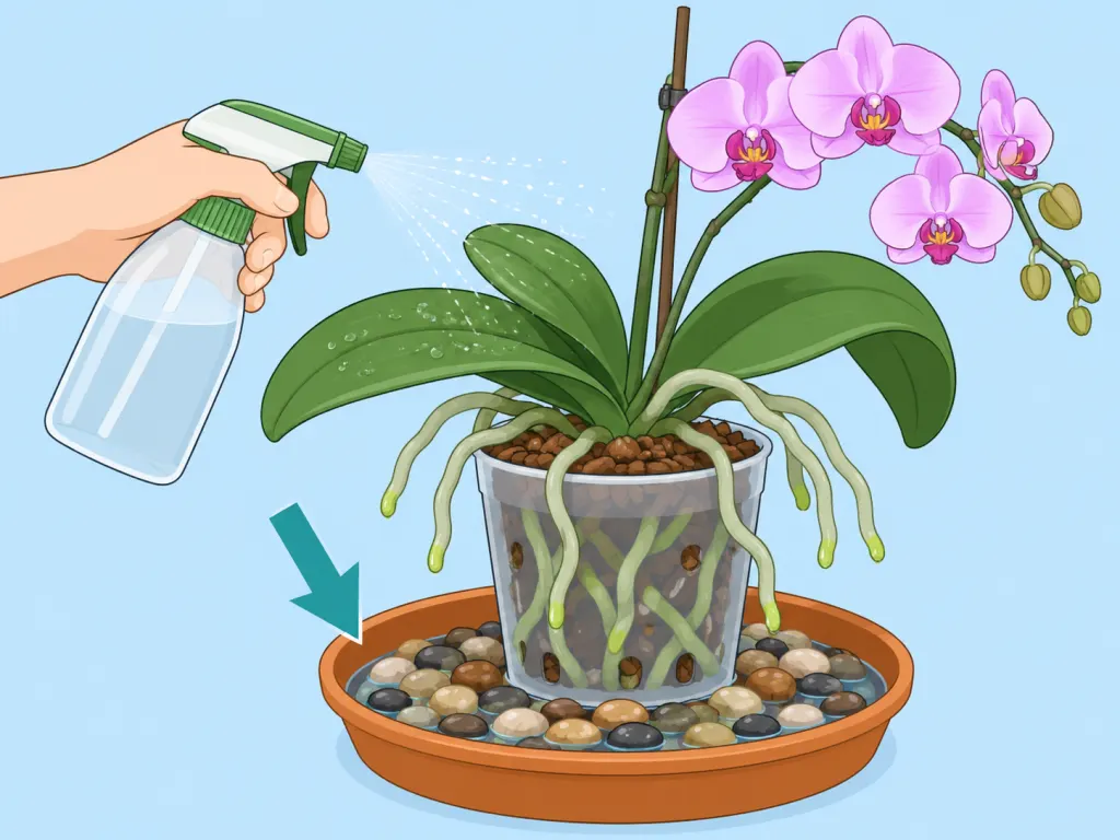 A hand misting an orchid's leaves while the pot stands on a pebble humidity tray.