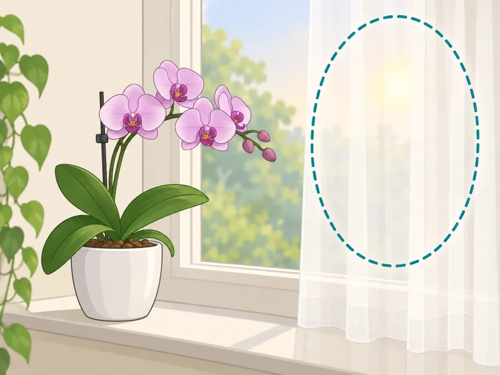 A flowering orchid on a windowsill receiving bright, indirect light filtered through a sheer curtain.