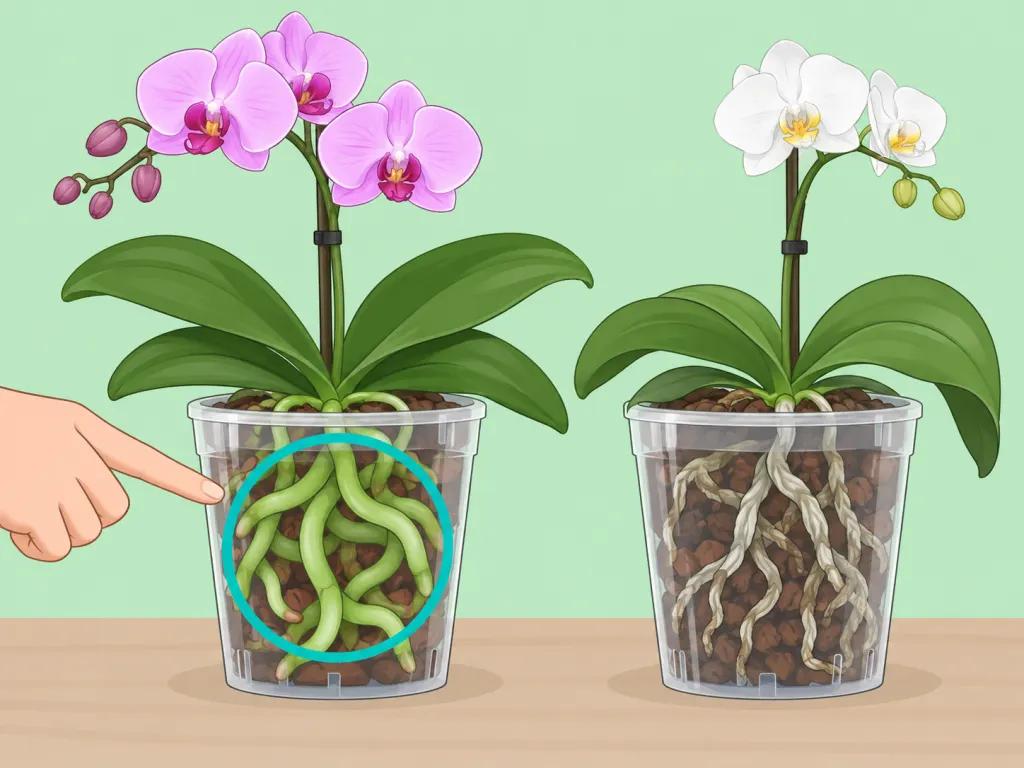 Two transparent orchid pots side by side comparing healthy plump green roots on the left with shrivelled grey roots on the right.