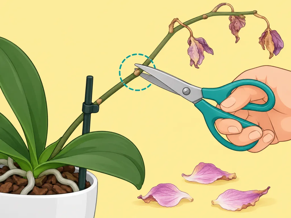 A hand cutting a spent orchid flower spike with scissors just above a node to encourage reblooming.