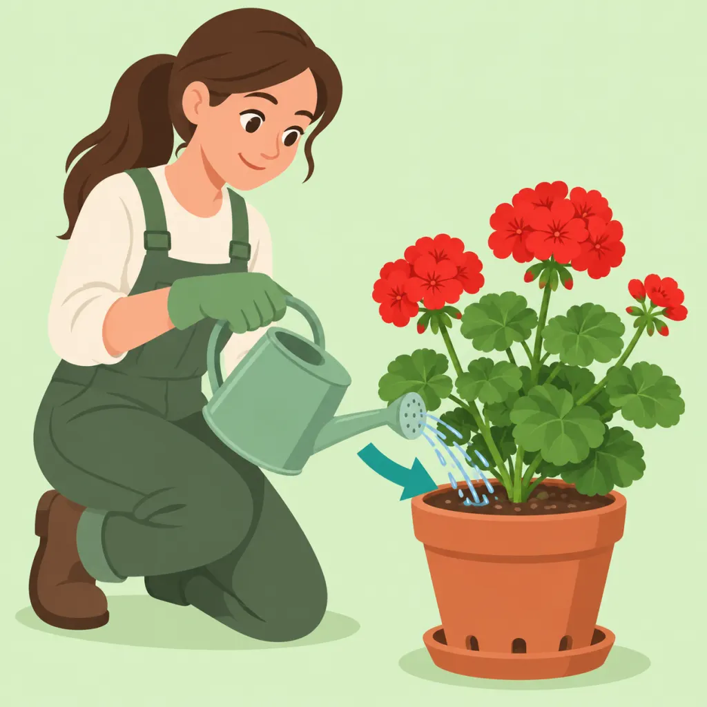 Gardener watering a blooming geranium at the soil line in a draining pot.