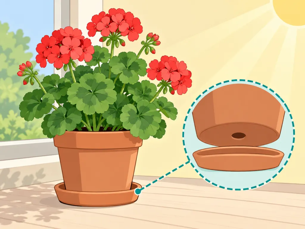 Geranium pot shown in sun with drainage highlighted.