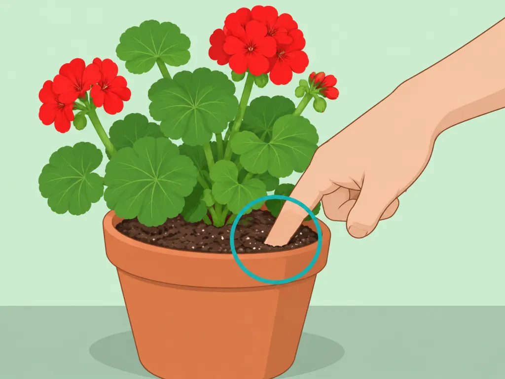 Hand checking geranium soil moisture before watering.