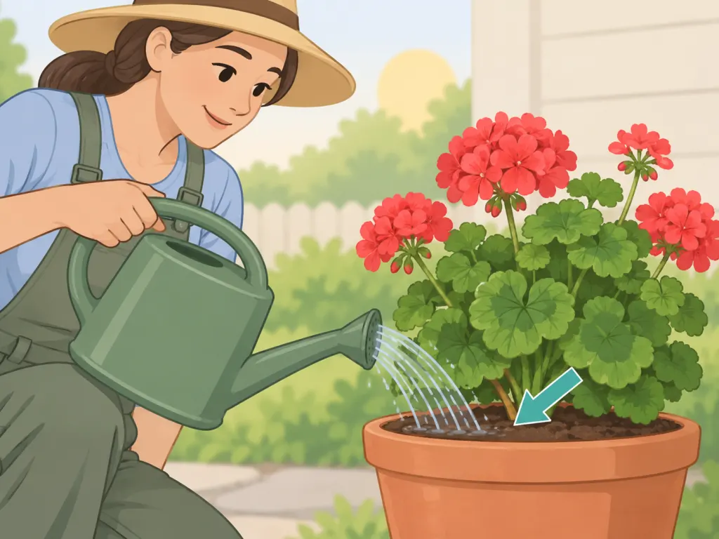 Watering a geranium at the soil line in the morning.