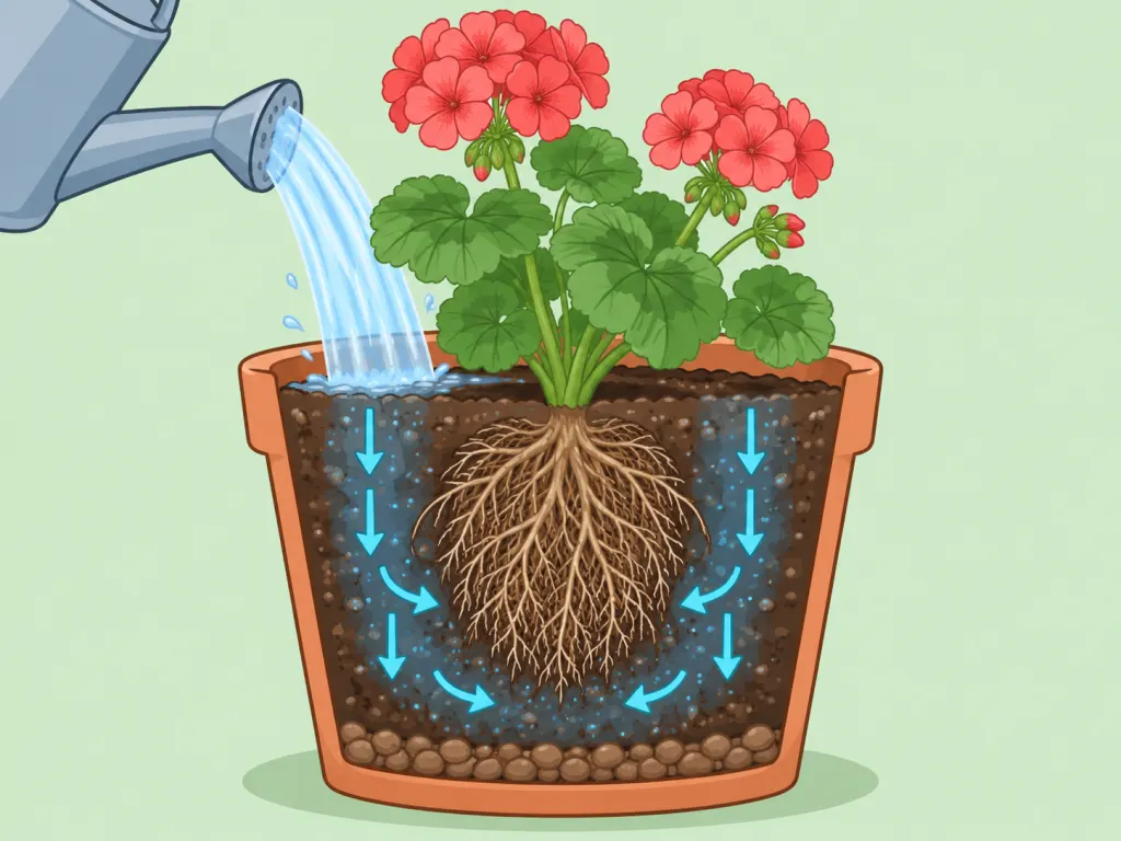 Deep watering reaching the geranium root zone.