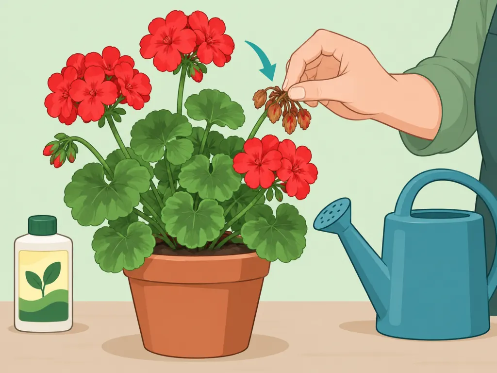 Deadheading a geranium after watering and feeding for more blooms.