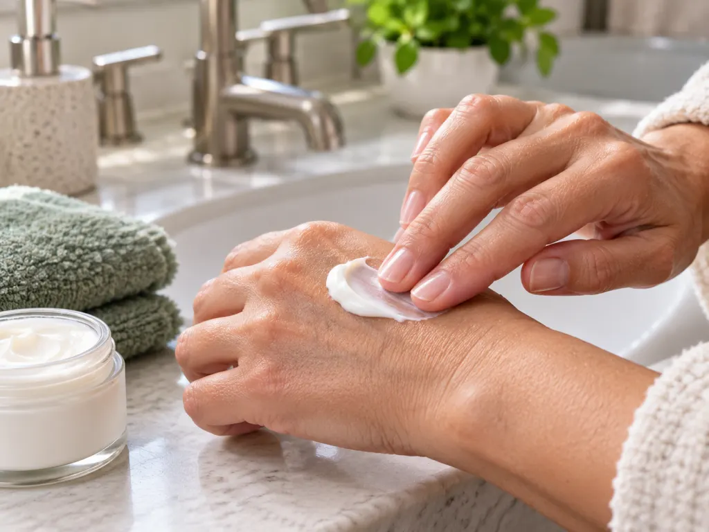 Clean hands applying a small amount of cream near a sink.