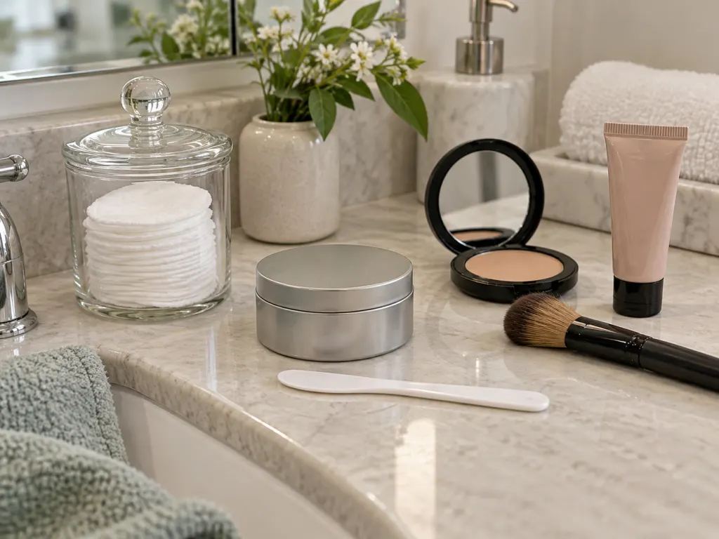 Cotton pads, makeup items, and a clean spatula arranged beside a closed cream tin.