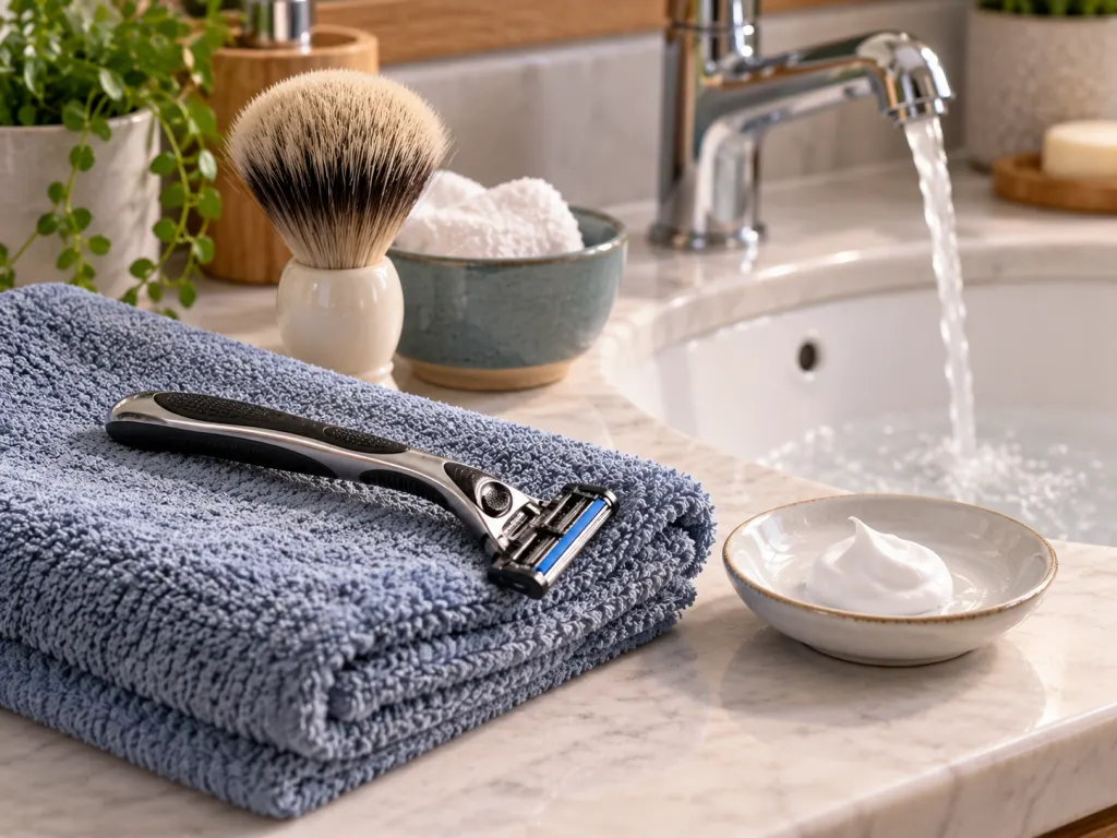 A razor, towel, and small amount of cream arranged for careful shaving preparation.