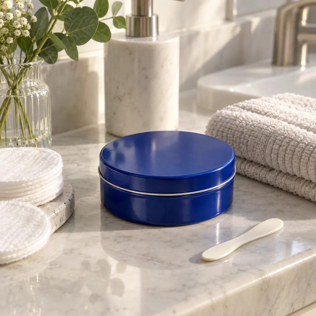 A blue moisturizer tin with cotton pads and a towel on a clean bathroom counter.