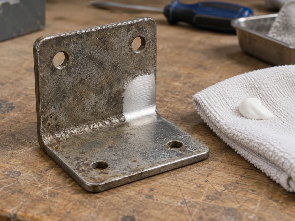 A metal bracket with a small test patch beside a cloth holding a tiny amount of white paste.
